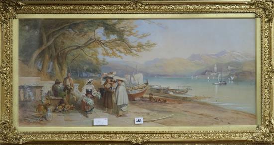 English School c.1860, watercolour, Italian lake scene 39 x 87cm